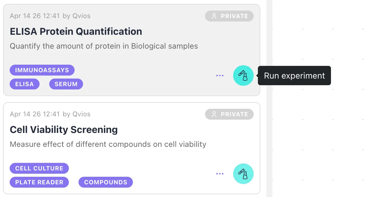 Protocol card highlighting the run experiment button