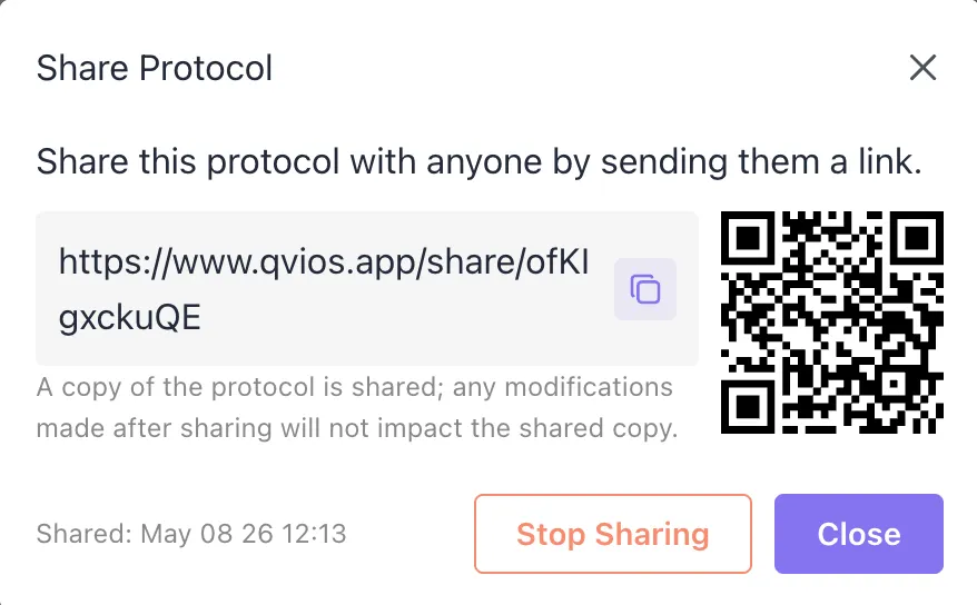 share protocol window showing share link and QR code
